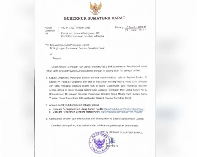 Mahyeldi: ASN Wajib Ikuti Upacara Peringatan HUT RI ke-80