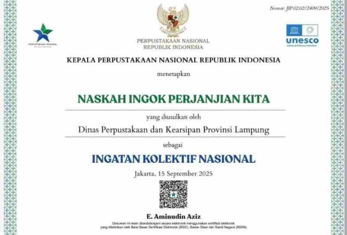 Dua Naskah Kuno Asal Lampung Raih Sertifikat IKON 2025 dari Perpustakaan Nasional RI