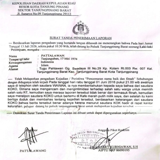 Dugaan Pencemaran Nama Baik dan Fitnah Dilaporkan ke Polsek Tanjungpinang Barat, Bermula dari Isu Pemilihan RT