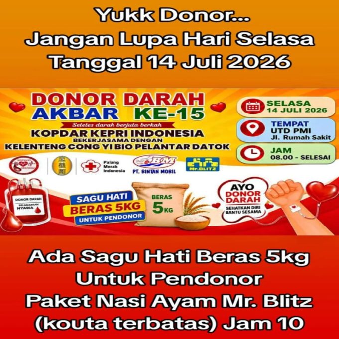 Donor Darah Akbar ke-15 Tanjungpinang Digelar 14 Juli 2026, Pendonor Dapat Beras 5 Kg dan Paket Nasi Ayam