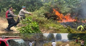 Polsek Bukit Bestari Bersama Damkar dan Warga Padamkan Kebakaran Lahan 1,5 Hektare di Dompak