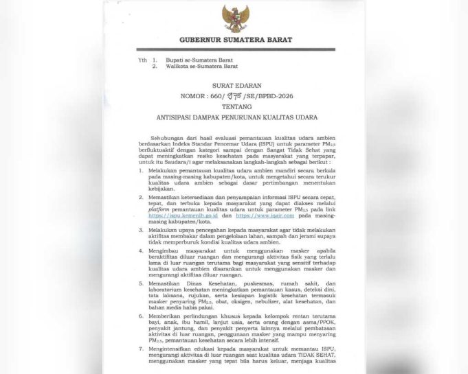 Penurunan Kualitas Udara, Mahyeldi : Kab/Kota Perkuat Pemantauan – Perlindungan Masyarakat